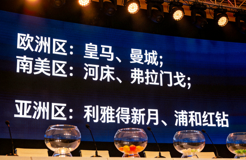 世俱杯新赛制发布会现场大屏幕展示分组抽签结果